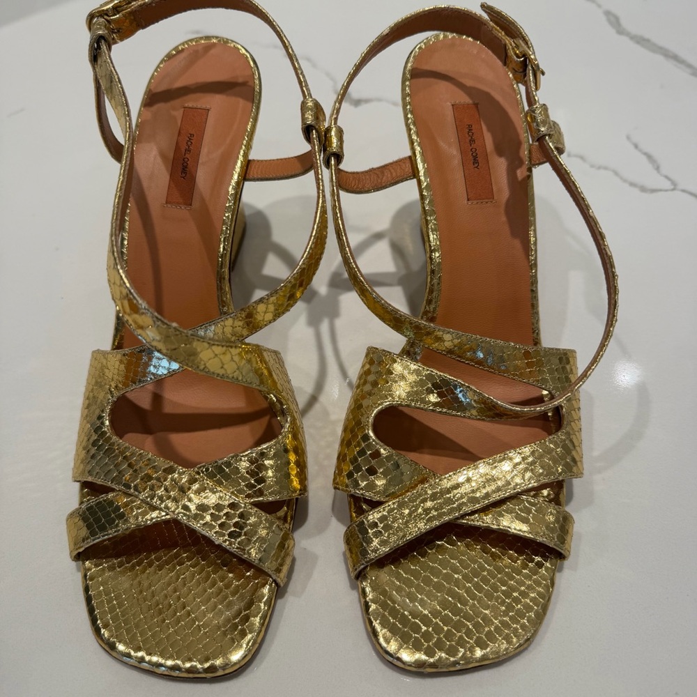 Rachel Comey Shoes size 41 Gold Deuce Snake Print Open Toe Cross Snakeskin